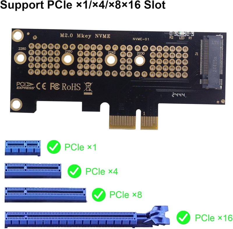 Poyiccot محول M.2 NVMe SSD إلى PCI-E 4.0 X1، بطاقة توسيع PCI-E M.2 NVMe، لوحات دوائر M.2 NVMe إلى PCIe X1، بطاقة توسيع SSD لسطح المكتب تدعم 2230/2242/2260/2280 - Image 2